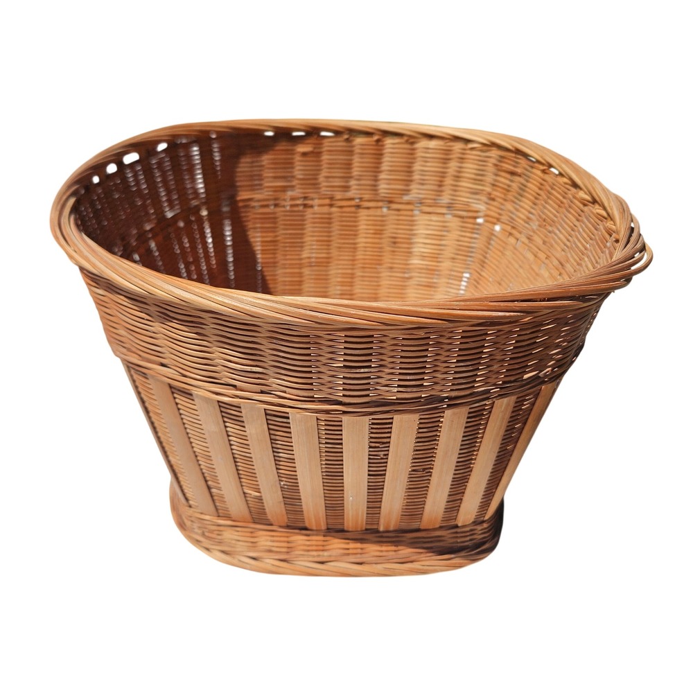 Vintage Woven Bamboo Rattan Basket Tapered Round Top Square Base Boho Decor 10in